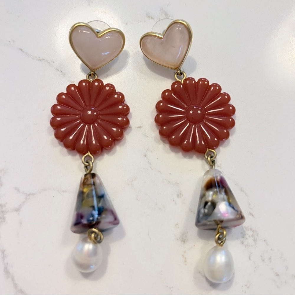 Madewell Gold Heart Daisy Tortoise Pearl Drop Earrings